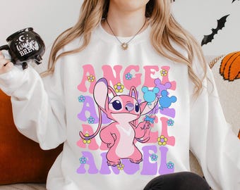 Disney Floral Angel Sweatshirt, Angel Sweatshirt, Disney Balloons Stich Angel Hoodie, Disneyland Trip Hoodie, Girly Disney Crewneck 283918