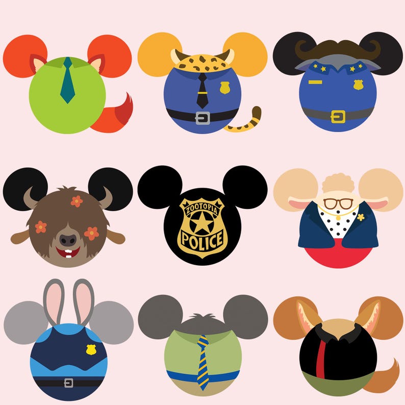 May include: A collection of cartoon character designs, each featuring a circular body with Mickey Mouse ears. The characters are dressed in various outfits, including police uniforms, business attire, and a hippie-inspired look. The color palette is bright and playful.