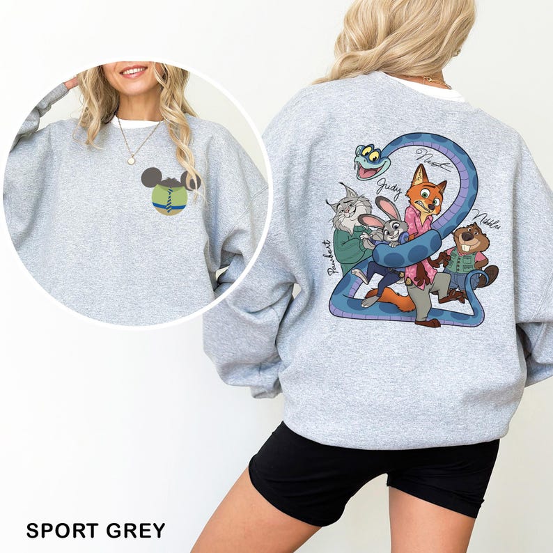May include: Sport grey sweatshirt featuring a cartoon design on the back with characters and a blue snake. The front has a small Mickey Mouse baseball design. The sweatshirt is a light grey color.