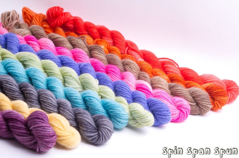 Sock Yarn, Mini Skeins, Stripes and Rainbow, SW Merino, 55 yards, 15g, Spin's choice of 11 mini skeins image 3