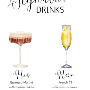 Espresso Martini und French 75 Hochzeit Bar Specialty Drink Schild