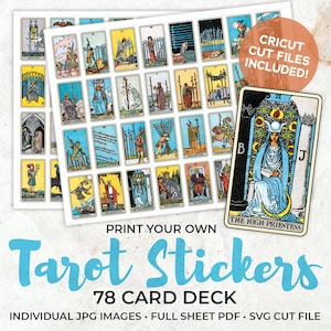 Pegatinas digitales imprimibles de cartas del Tarot, hoja completa y única con archivo de corte SVG de silueta Cricut