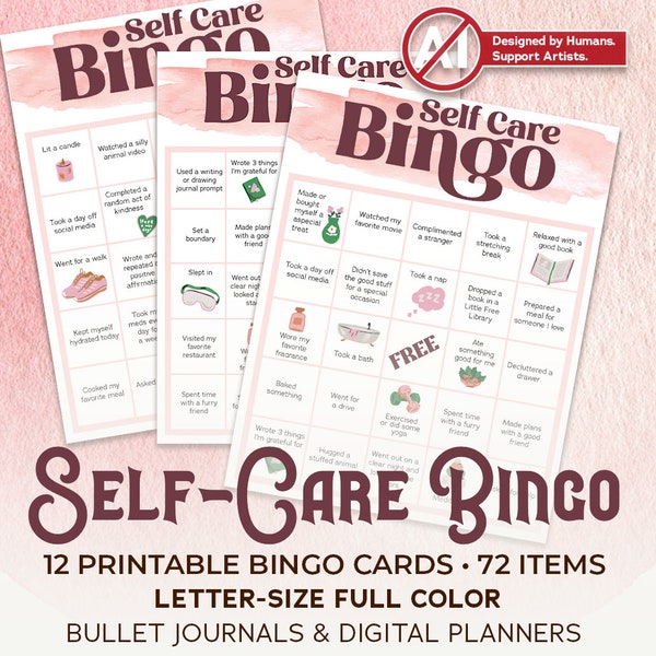 Self-Care Bingo Cards for BUJO Bullet Journal Digital Planners 12 Months