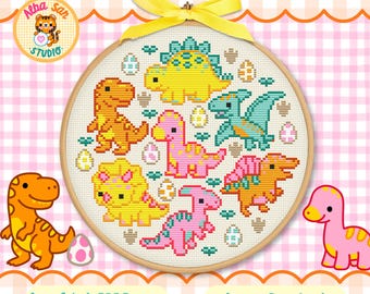 Korsstygnsmönster med kawaii-dinosaurier | 100×100 stygn • 10 färger • Direkt PDF