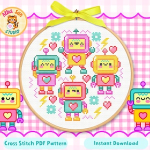 Kawaii-Roboter-Kreuzstichmuster (PDF) • 85 x 84 Stiche • Moderne Kinderzimmerdekoration • Sofort-Download