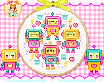Robot kruissteekpatroon • Kawaii borduurwerk • Direct downloaden