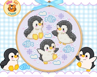 Korsstygnsmönster med pingviner | Kawaii vinterbroderi • 85 x 84 stygn • 13 färger • Direkt PDF