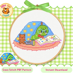 Bookworm Cross Stitch Pattern: Gus Under Blanket (Digital Download)