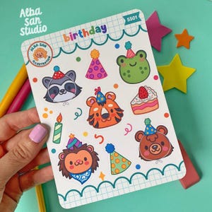 Feuille d'autocollants pour fête d'anniversaire avec animaux - Style kawaii - Anniversaire d'animaux - Collection d'autocollants - Autocollants Alba San - Belle feuille d'autocollants