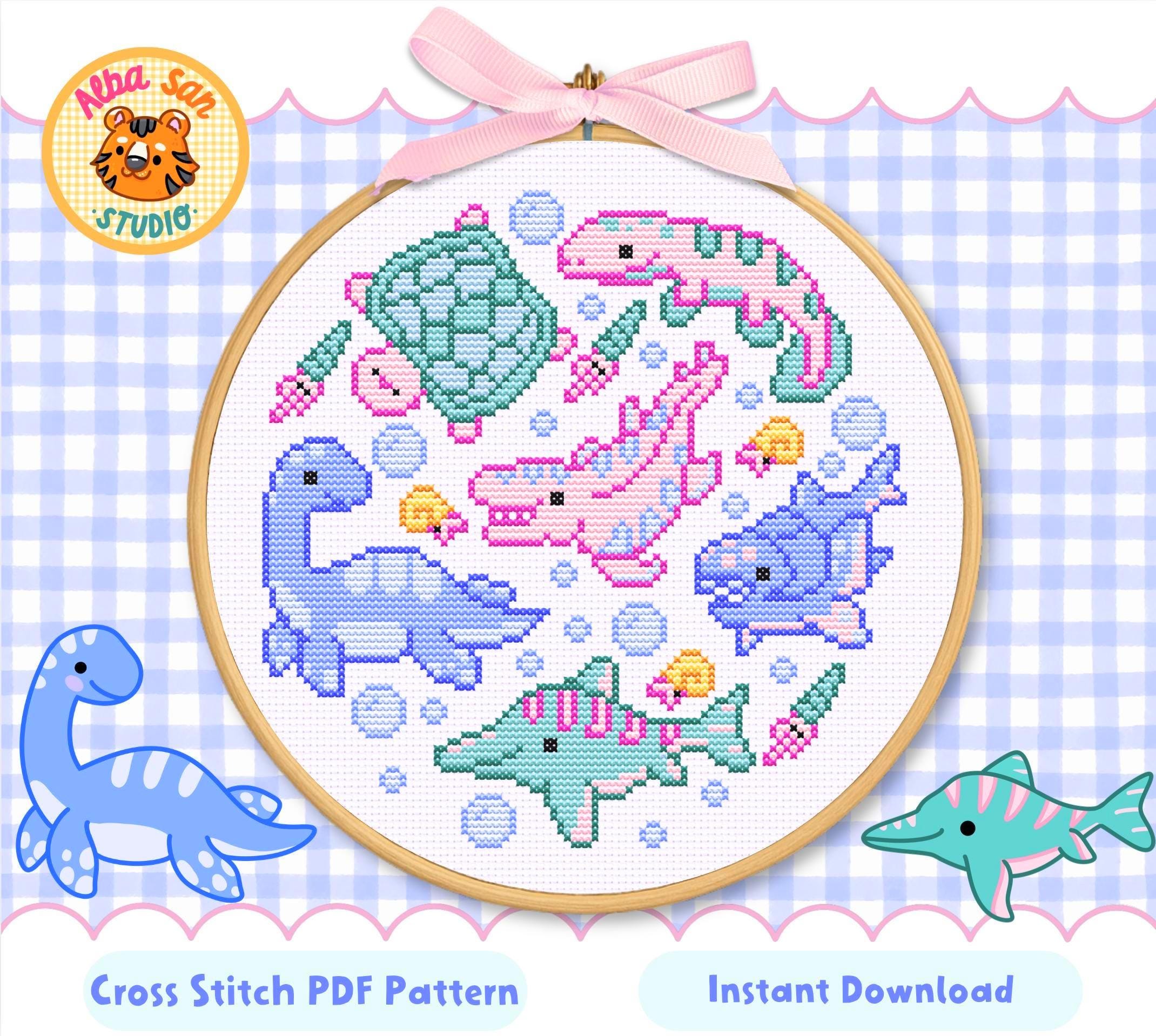 Kawaii Sea Dinosaurs Cross Stitch Pattern | 100×100 Stitches • 11 DMC ...