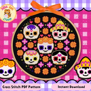 Patrón Punto de Cruz Calaveritas de Azúcar • Bordado Día de los Muertos • PDF Descarga Instantánea