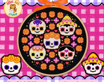 Kruissteekpatroon met suikerschedels • Dia de los Muertos-borduurwerk • Direct te downloaden PDF
