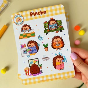 Feuille d'autocollants kawaii Pincho le hérisson – Vie quotidienne - Autocollants Alba San - Feuille d'autocollants kawaii