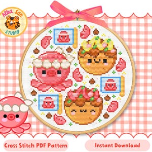 Może przedstawiać: Wzór haftu krzyżykowego przedstawiający trzy kreskówkowe kulki takoyaki i różową ośmiornicę, wszystko w drewnianym tamborku. Projekt zawiera małe flagi z ilustracjami ośmiornic i tekst "Cross Stitch PDF Pattern" i "Instant Download".