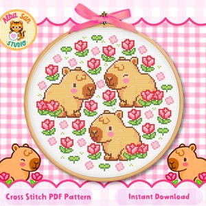 Schema per punto croce del capibara: ricamo di un animale in stile kawaii (download in PDF)