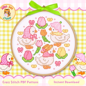Patrón Punto de Cruz Jardín de Ocas Primavera PDF • Bordado Kawaii Tulipanes • 100x100 Puntadas (PDF Descarga Inmediata)