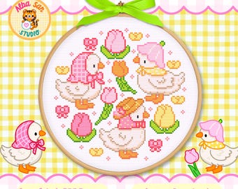 Korsstygnsmönster för vårgäss i trädgården PDF • Kawaii gåsbroderi • (PDF-nedladdning)