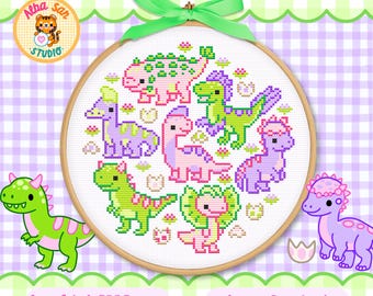 Korsstygnsmönster med dinosaurier 2 • 100×100 stygn • 10 färger • Direkt PDF