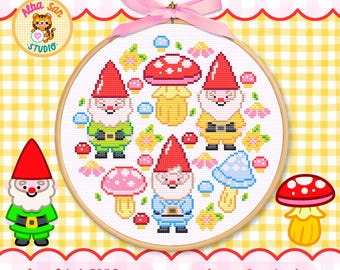 Borduurpatroon Tuinkabouters • Kawaii Kabouters Borduurwerk • Direct te downloaden PDF