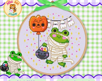 Borduurpatroon Mummie Kikker • Kawaii Halloween Borduurwerk • Direct te downloaden PDF