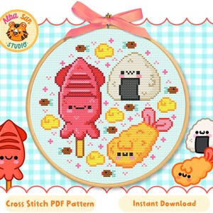 May include: A cross-stitch pattern featuring a cute, cartoon-style design of Japanese food, including squid on a stick, onigiri, and tempura. The design is set in a wooden embroidery hoop with a light blue background. The text "Cross Stitch PDF Pattern" and "Instant Download" are visible.