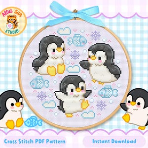 ペンギンのクロスステッチパターン | かわいい冬の刺繍 • 85 x 84ステッチ • 13色 • 即時PDFダウンロード