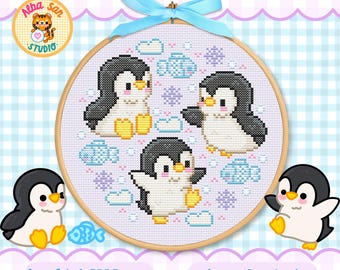 Pinguïns kruissteekpatroon • Kawaii winterborduurwerk • Direct te downloaden PDF