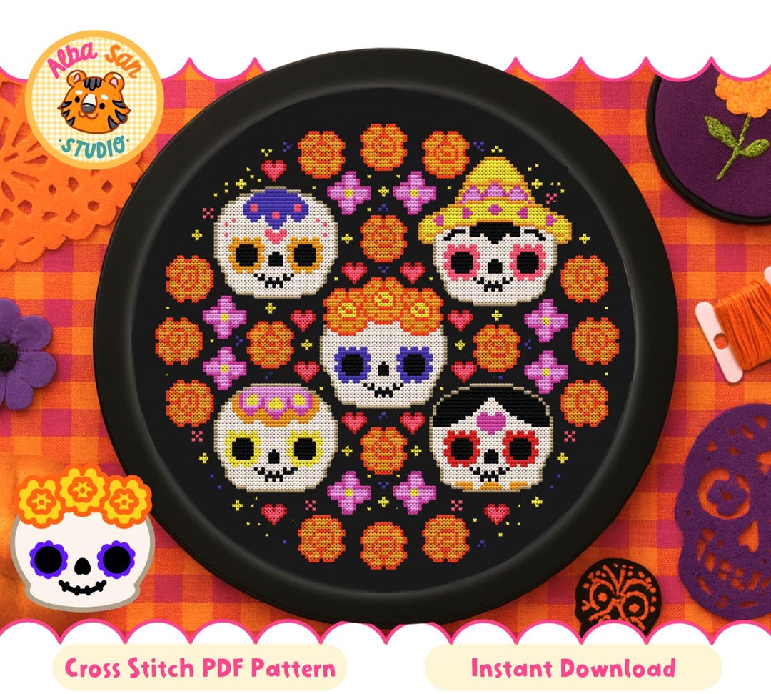 Sugar Skulls Cross Stitch Pattern: Beginner Dia De Los Muertos ...
