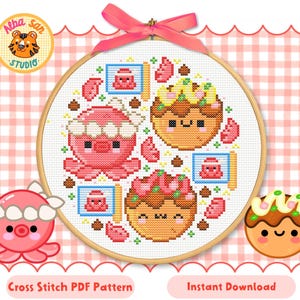 May include: A cross-stitch design in a wooden hoop, showcasing a pink octopus and two takoyaki characters. The design includes small flags and decorative elements. The text "Cross Stitch PDF Pattern" and "Instant Download" are visible.