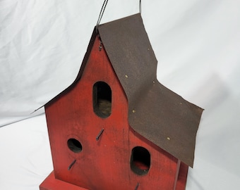 Rustic Barn Birdhouse - Tin Roof - Distressed - Wire Hanging - Weathered Southern Style