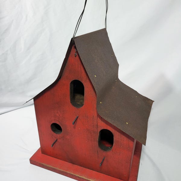 Rustic Barn Birdhouse - Tin Roof - Distressed - Wire Hanging - Weathered Southern Style