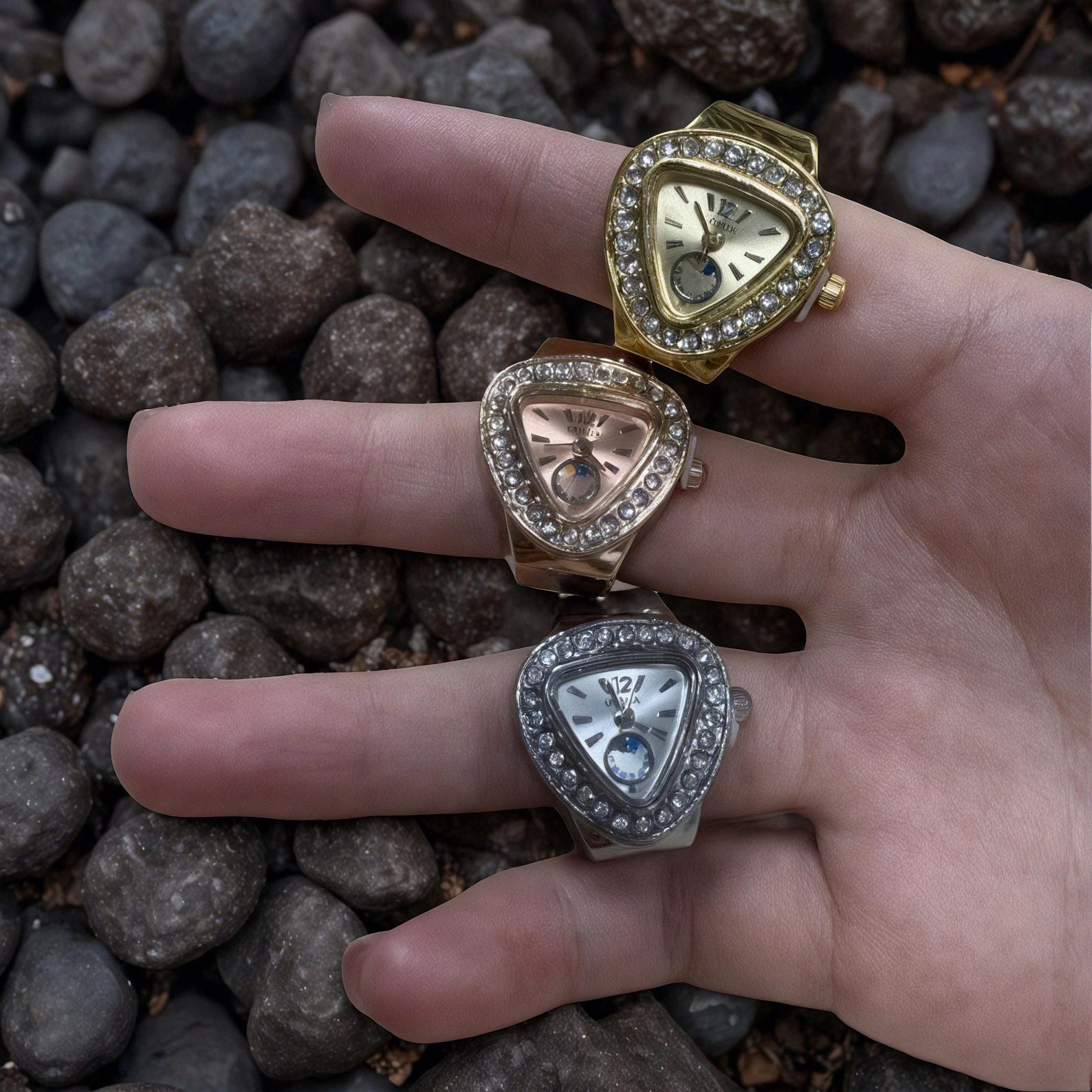 Wtch Rings Vintage Triangle Finger Watch Ring, Adjustable Elastic Strap Clock Ring ...