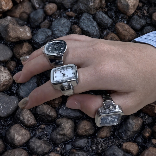 Reloj de dedo anular estilo vintage para hombre y mujer, reloj de cuarzo retro con banda ajustable, esfera cuadrada única, joyería Steampunk.