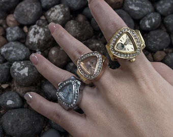 Anillo de reloj de dedo triangular vintage, anillo de reloj con correa elástica ajustable, anillo único, anillos de oro, plata y oro rosa