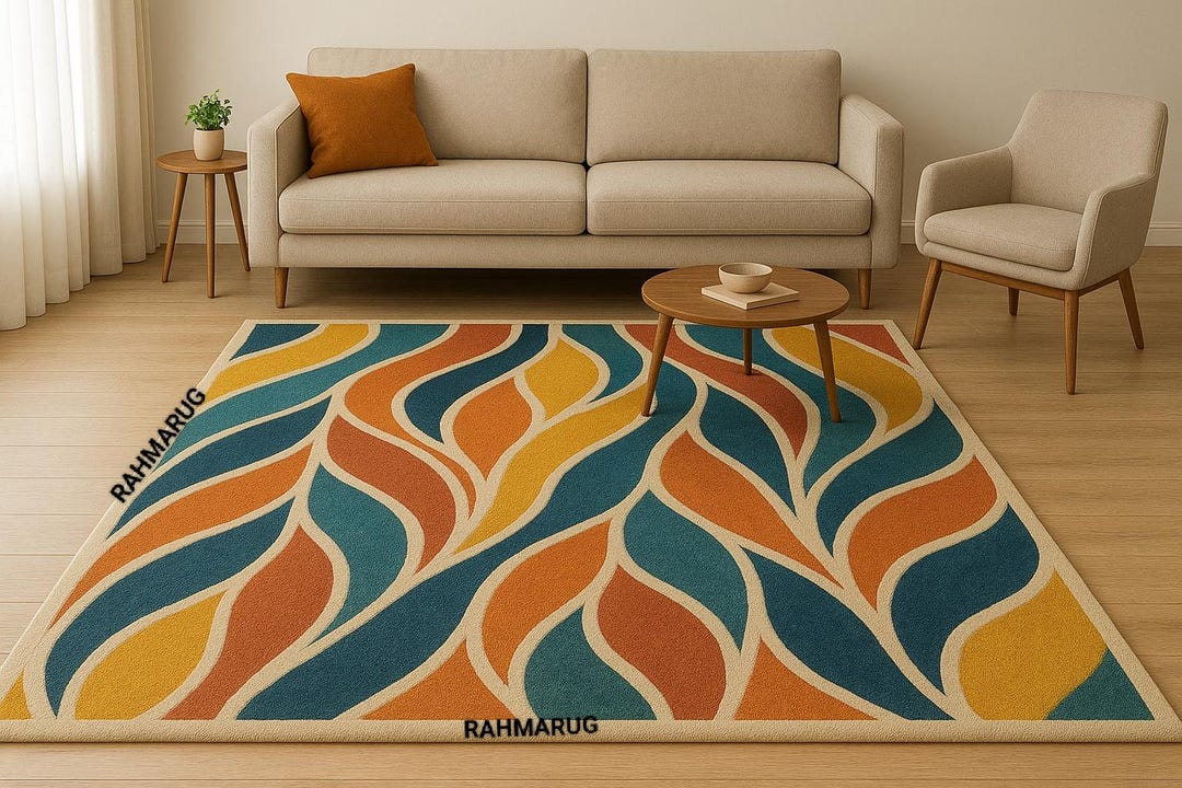 Teal Orange Rug Mid-century Modern Area Rug: Retro Teal Orange Waves, Soft Low-pile ...
