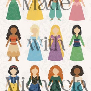 May include: Twelve cartoon princess figures in colourful dresses. The image includes the text "Made with Michaela". The princesses are depicted with different skin tones and hairstyles. A decorative background.