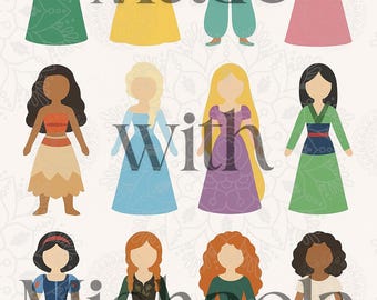 May include: A collection of twelve cartoon princess figures in various colorful dresses. The image includes the text "Made with Michaela" in a stylized font. The princesses are depicted with different skin tones and hairstyles.