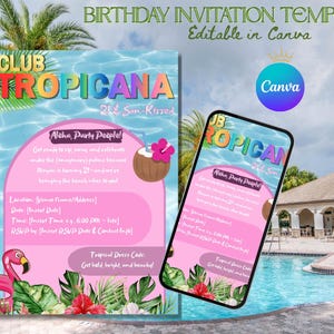 Club Tropicana 21st Birthday Invitation | Tropical Beach Party Invite | Editable Canva Template | Summer Luau Birthday Printable