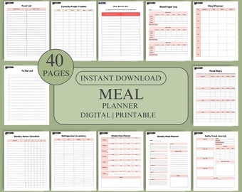 Weekly Meal Planner Journal: Food Diary, Grocery List (Digital Download)