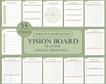 May include: A printable vision board planner with 35 pages. The planner includes sections for weekly gratitude, weekly planner, life balance wheel, monthly goals, self-care checklist, daily reflection, self-care log, mood tracker, sleep tracker, habit tracker, and self-care goals.