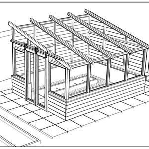 May include: Line drawing of a wooden greenhouse with a gabled roof and glass panels. The greenhouse is situated on a patio with a paved floor.