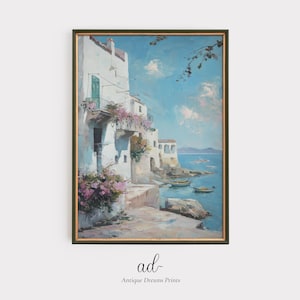 Printable Seaside Village, Vintage Sea Landscape Painting, Muted Coastal Print, Italian Village By The Sea Wall Art, Digital Download