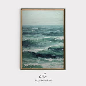 Arte mural imprimible del océano, retrato al óleo vintage, impresión del mar azul profundo, arte mural costero, póster de cabaña, descarga digital