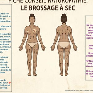 May include: An illustrated guide to dry brushing, featuring front and back views of a person with arrows indicating brushing directions. Text in French explains the method, benefits, and precautions for dry brushing. The image includes text and diagrams.