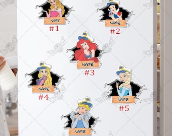 May include: Six white refrigerator magnets with colorful cartoon images of Disney princesses wearing captain's hats. Each magnet has a name tag with the text "NAME" and a number from 1 to 6.