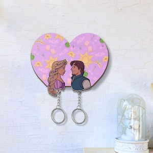 Personalized Tangled Couple Wooden Keychain, Rapunzel and Flynn Rider key holder, Disney Couple Keychain Hanger for Wall Hanging