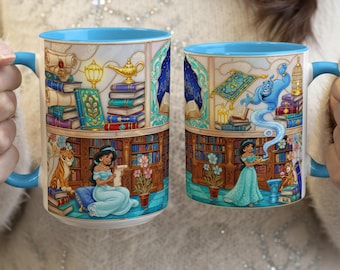Taza de Disney Aladdin con vitrales, escena de biblioteca de Jasmine y el Genio, taza de café de princesa leyendo, regalo para amantes de los libros