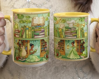Taza de Tiana de Disney con vitrales, escena de lectura de la princesa y el sapo, acogedora taza de café para biblioteca, regalo para amantes de los libros