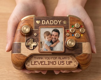 Personalized Wooden Controller Photo Block - Custom Dad Gift, Father's Day Gaming Decor, Thank You For Leveling Us Up, Gamer Dad Present