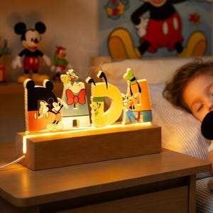 Lampada notturna personalizzata con nome di Topolino e i suoi amici Disney, lampada LED personalizzata con nome per bambini, decorazioni con Topolino, Minnie, Paperino, Paperina, Pippo e Pluto